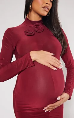 Maternity Burgundy Slinky Flower Detail Mini Dress