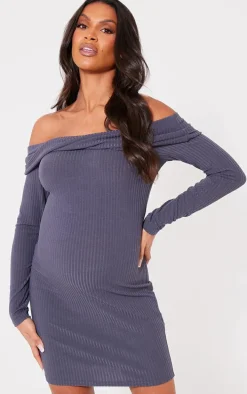 Maternity Charcoal Rib Off The Shoulder Mini Dress