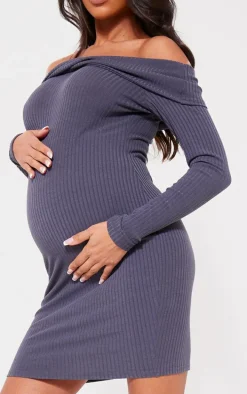 Maternity Charcoal Rib Off The Shoulder Mini Dress
