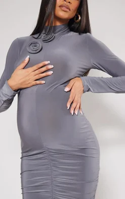 Maternity Charcoal Slinky Flower Detail Mini Dress