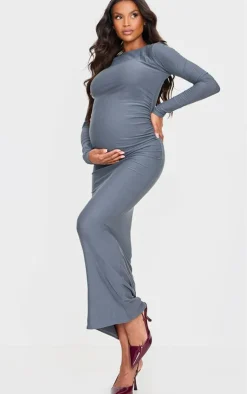 Maternity Charcoal Soft Touch Double Layered Ruched Maxi Dress