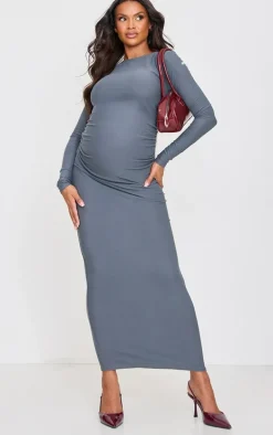 Maternity Charcoal Soft Touch Double Layered Ruched Maxi Dress