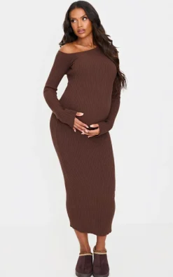 Maternity Chocolate Asymmetric Long Sleeve Rib Knit Maxi Dress