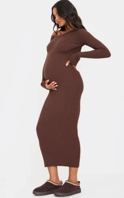 Maternity Chocolate Asymmetric Long Sleeve Rib Knit Maxi Dress