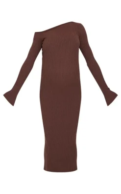 Maternity Chocolate Asymmetric Long Sleeve Rib Knit Maxi Dress