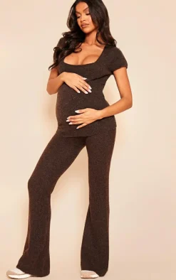 Maternity Chocolate Brown Luxe Knit Square Neck Long Top