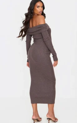 Maternity Chocolate Heavy Brushed Rib Bardot Trim Midaxi Dress