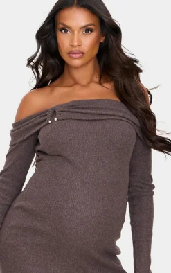 Maternity Chocolate Heavy Brushed Rib Bardot Trim Midaxi Dress