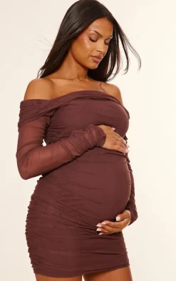 Maternity Chocolate Mesh Ruched Long Sleeve Mini Dress