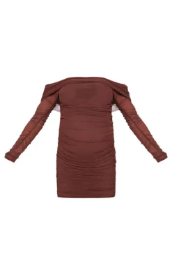 Maternity Chocolate Mesh Ruched Long Sleeve Mini Dress
