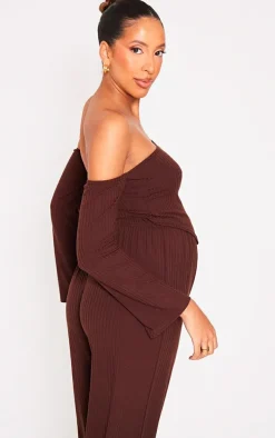 Maternity Chocolate Off The Shoulder Point Hem Top