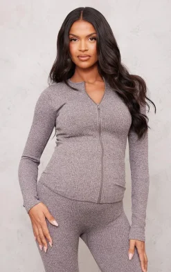 Maternity Chocolate Snatched Rib Zip Up Cardigan