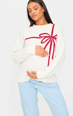 Maternity Cream Bow Detail Oversized Christmas Sweater