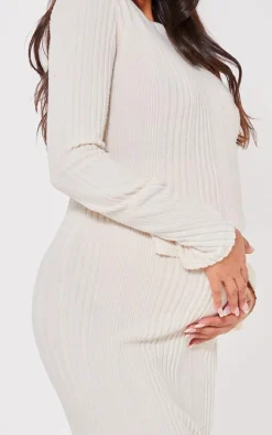 Maternity Cream Brushed Rib Long Sleeve Maxi Dress