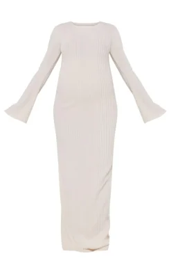 Maternity Cream Brushed Rib Long Sleeve Maxi Dress