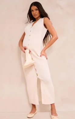 Maternity Cream Knit Sleeveless Button Up Maxi Dress