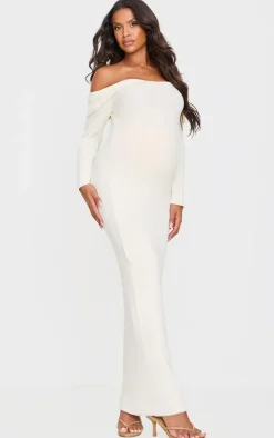 Maternity Cream Off The Shoulder Rib Knit Maxi Dress