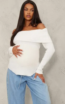 Maternity Cream Rib Knit Bandeau Long Sleeve Top