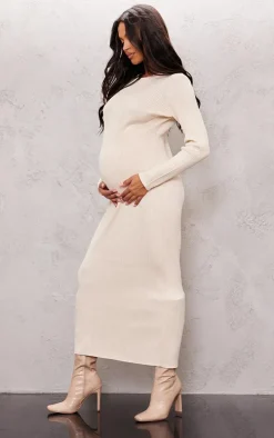 Maternity Cream Rib Knit Long Sleeve Maxi Dress