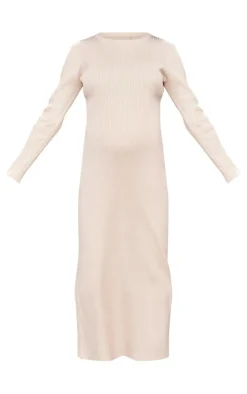 Maternity Cream Rib Knit Long Sleeve Maxi Dress