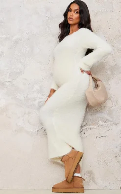 Maternity Cream Slash Neck Long Sleeve Fluffy Knit Maxi Dress