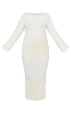 Maternity Cream Slash Neck Long Sleeve Fluffy Knit Maxi Dress