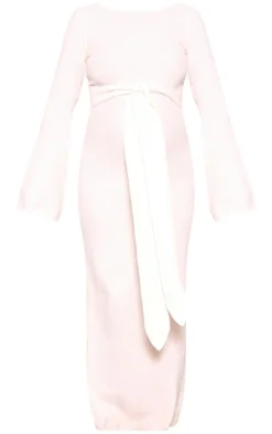 Maternity Cream Soft Textured Knit Open Back Tie Waist Maxi Dress