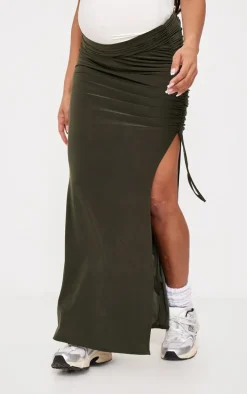 Maternity Dark Khaki Slinky Ruched Detail Maxi Skirt