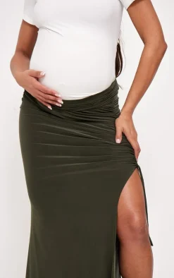 Maternity Dark Khaki Slinky Ruched Detail Maxi Skirt