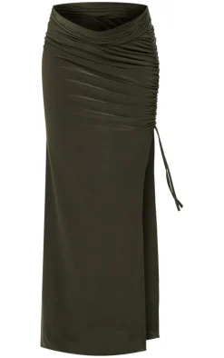 Maternity Dark Khaki Slinky Ruched Detail Maxi Skirt