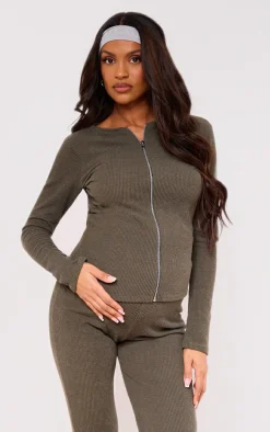 Maternity Dark Olive Crinkle Rib Longline Zip Up Top
