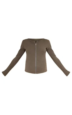 Maternity Dark Olive Crinkle Rib Longline Zip Up Top