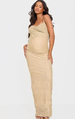 Maternity Gold Glitter Mesh Cowl Neck Maxi Dress