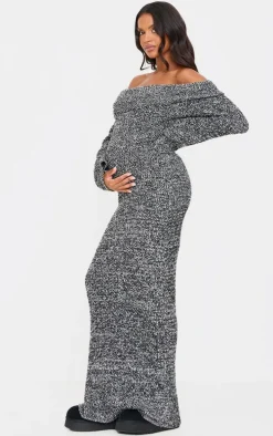 Maternity Grey Boucle Knit Long Sleeve Bardot Maxi Dress