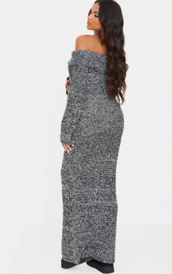 Maternity Grey Boucle Knit Long Sleeve Bardot Maxi Dress