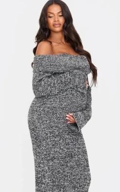 Maternity Grey Boucle Knit Long Sleeve Bardot Maxi Dress