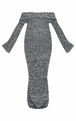 Maternity Grey Boucle Knit Long Sleeve Bardot Maxi Dress
