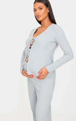 Maternity Grey Marl Brushed Rib Long Sleeve Tie Front Top