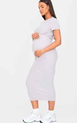 Maternity Grey Marl Rib Crew Neck Midi Dress