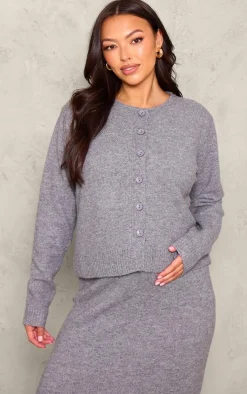 Maternity Grey Melange Soft Knit Basic Button Up Cardigan