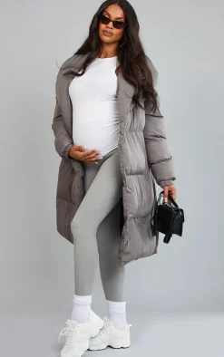 Maternity Grey Oversized Collar Belted Longline Puffer