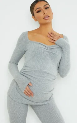 Maternity Grey Ruched Bust Brushed Rib Top