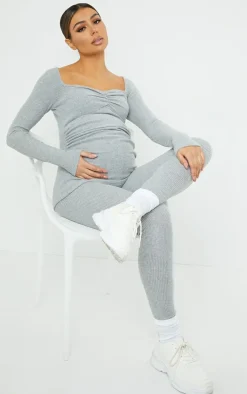 Maternity Grey Ruched Bust Brushed Rib Top
