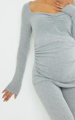 Maternity Grey Ruched Bust Brushed Rib Top