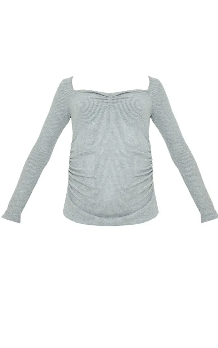 Maternity Grey Ruched Bust Brushed Rib Top