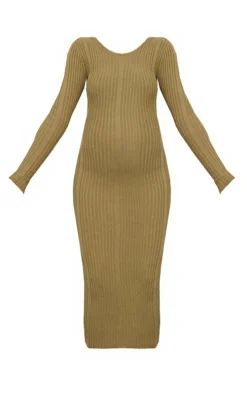 Maternity Khaki Knitted Midaxi Tie Back Bodycon Dress