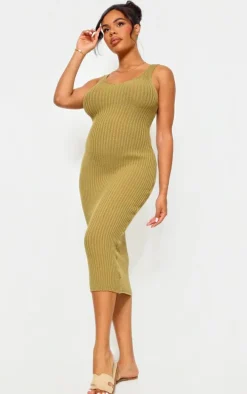 Maternity Khaki Knitted V Neck Midi Dress