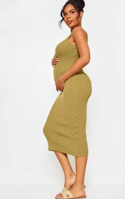Maternity Khaki Knitted V Neck Midi Dress