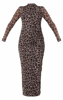 Maternity Leopard Print Mesh Long Sleeve Maxi Dress