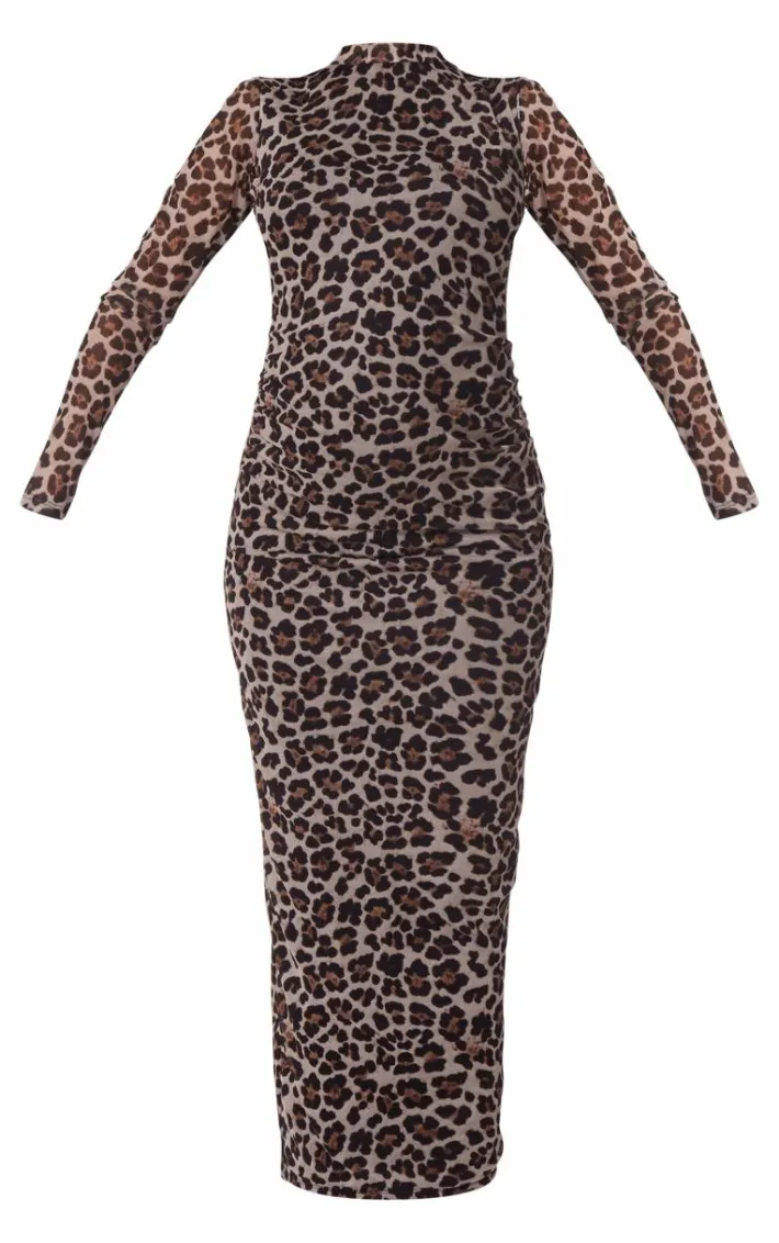 Maternity Leopard Print Mesh Long Sleeve Maxi Dress